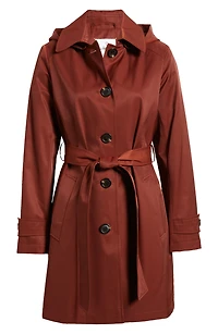 Water Repellent Cotton Blend Gabardine Hooded Trench Coat