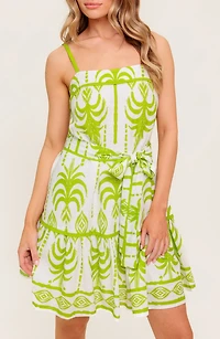 Abstract Frond Belted Linen Minidress