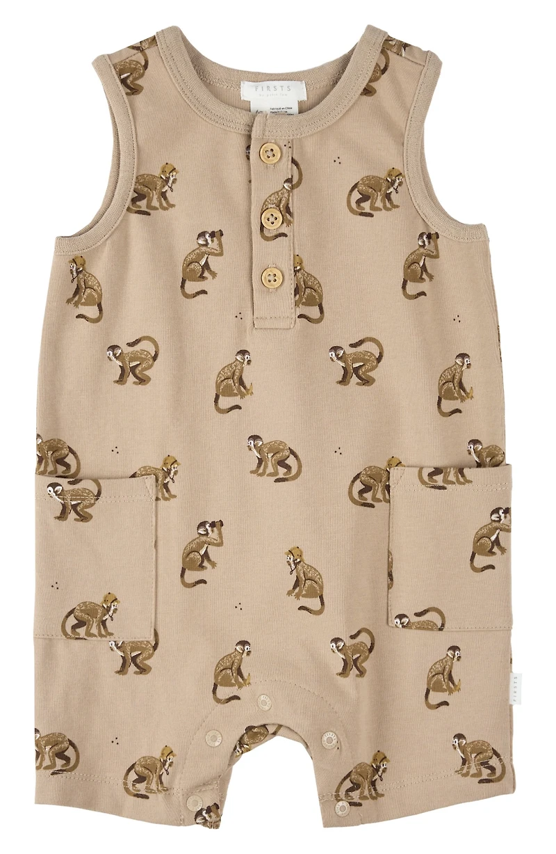 Monkey Print Cotton Henley Romper