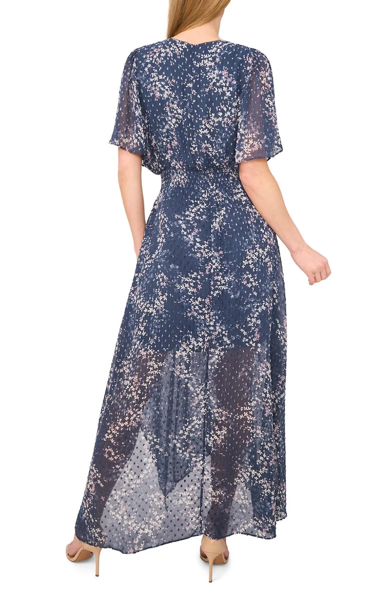 Floral Semisheer Smocked Waist Handkerchief Hem Maxi Dress