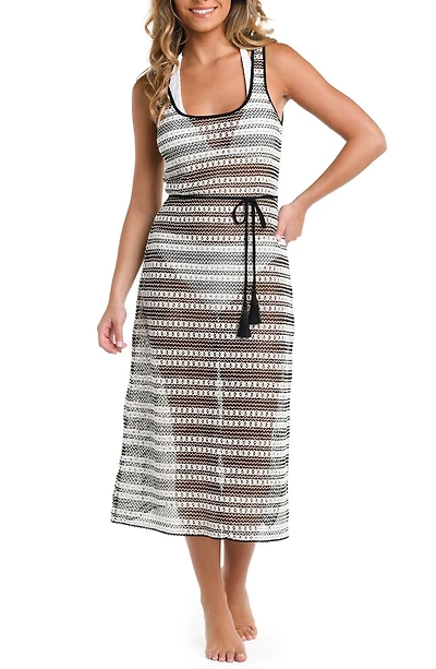 Onshore Stripe Tie Belt Sheer Cover-Up Midi Dress