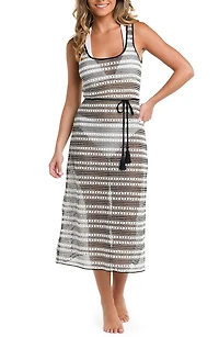 Onshore Stripe Tie Belt Sheer Cover-Up Midi Dress