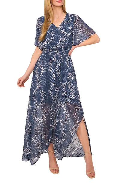Floral Semisheer Smocked Waist Handkerchief Hem Maxi Dress
