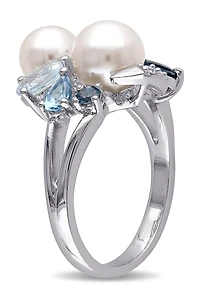 White Freshwater Pearl, Created Sapphire & Mixed Blue Stone Ring