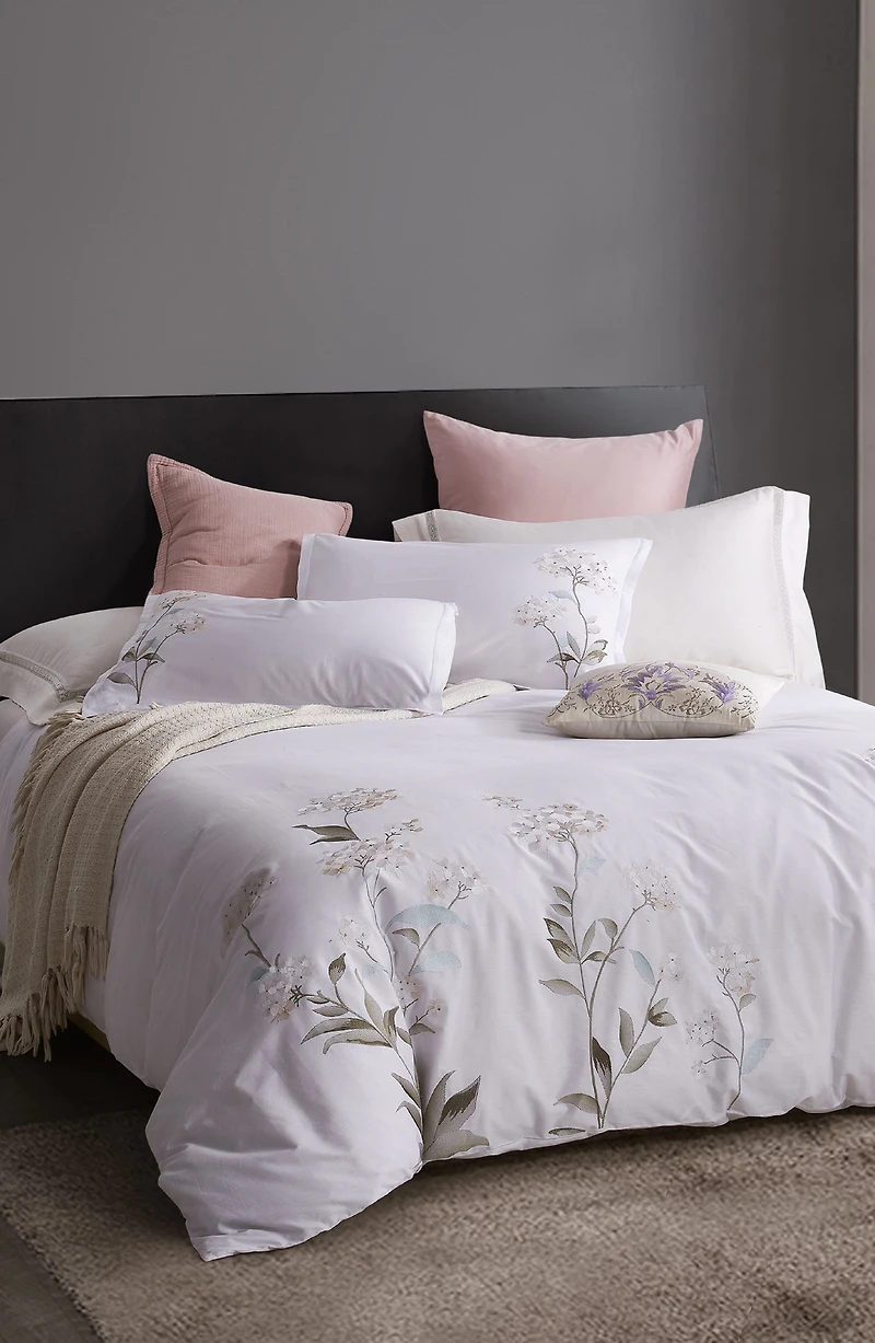White Hydrangea Embroidery Cotton Duvet Cover Set
