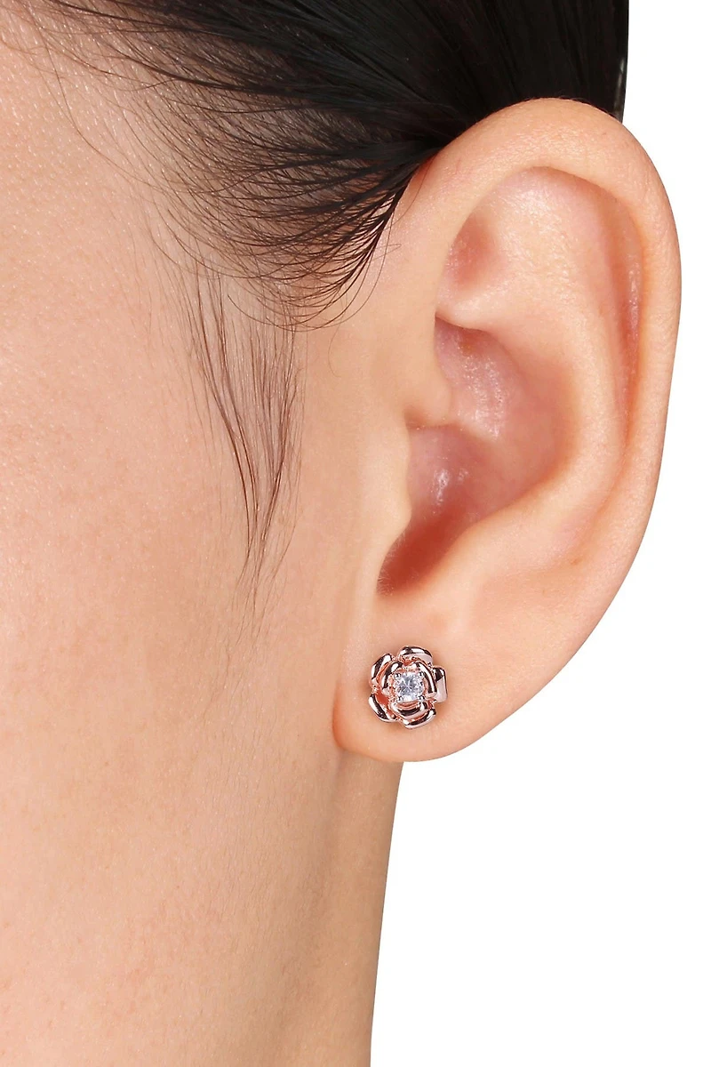 Lab Created White Sapphire Center Rose Stud Earrings
