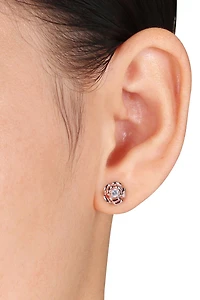 Lab Created White Sapphire Center Rose Stud Earrings