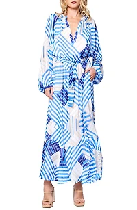 Gaeley Print Tie Waist Long Sleeve Maxi Dress