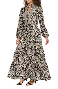 Long Sleeve Bubble Crepe Tiered Maxi Dress