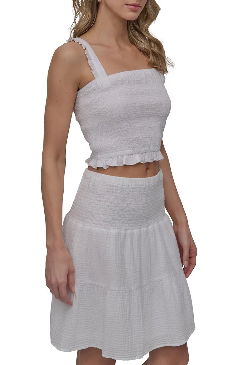 Ruffle Strap Smocked Cotton Crop Top