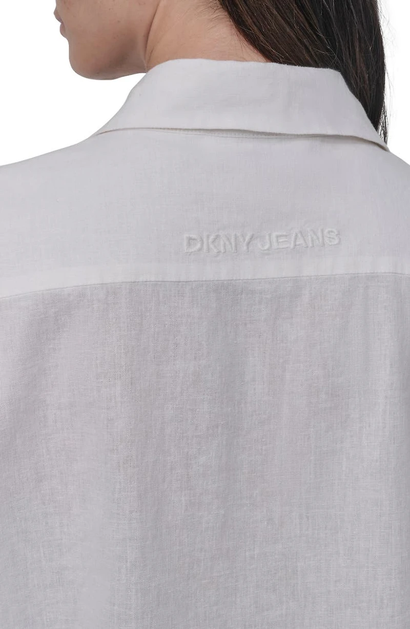 Oversize Linen Blend Crop Button-Up Shirt