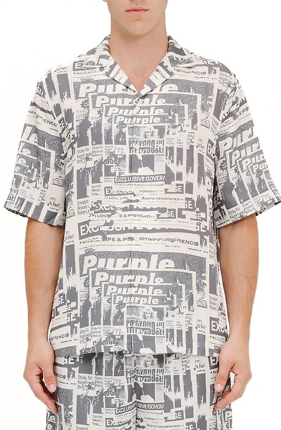 Tabloid Print Short Sleeve Button-Up Shirt