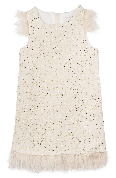 Kids' Faux Feather Trim Foil Bouclé Dress