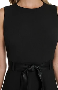 Faux Leather Belt Scuba Crepe Midi A-Line Dress