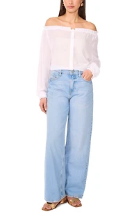 Off the Shoulder Long Sleeve Button-Up Top