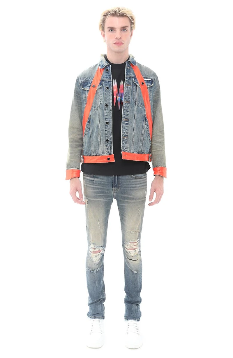 Leather Detail Cotton Denim Trucker Jacket