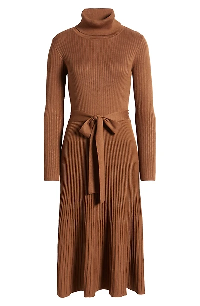 Turtleneck Long Sleeve Rib Midi Sweater Dress