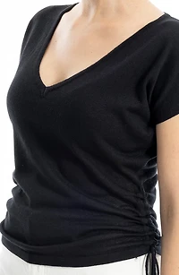 Side Ruched Short Sleeve V-Neck Sweater