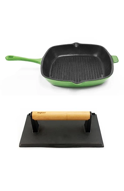 INTERNATIONAL Green Cast Iron 11" Grill Pan & Press 2-Piece Set