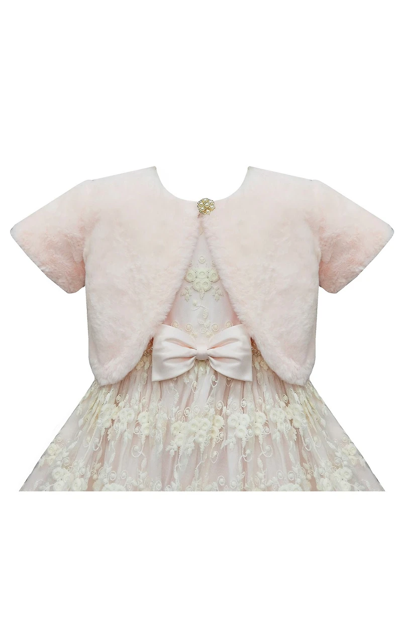 Kids' Flower Embroidered Dress & Faux Fur Bolero Jacket