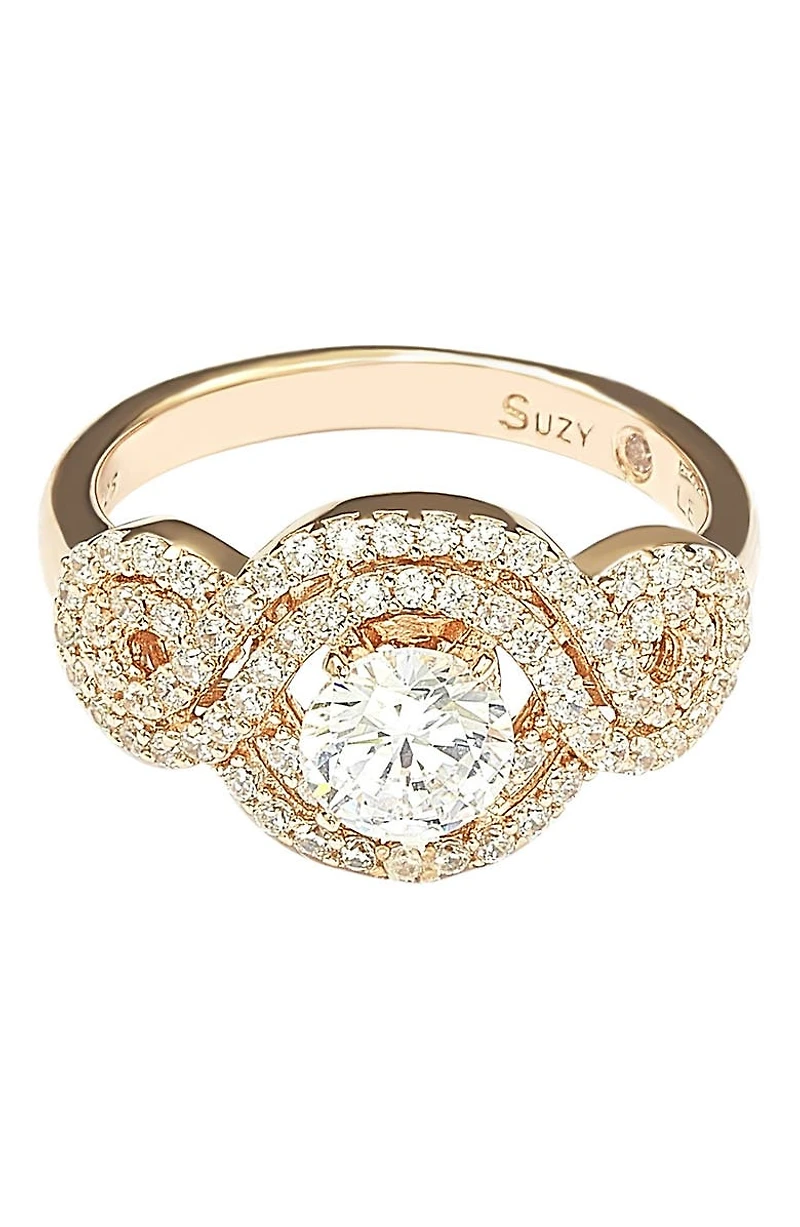 Rose Plated Sterling Silver Round Cubic Zirconia Halo Engagement Ring