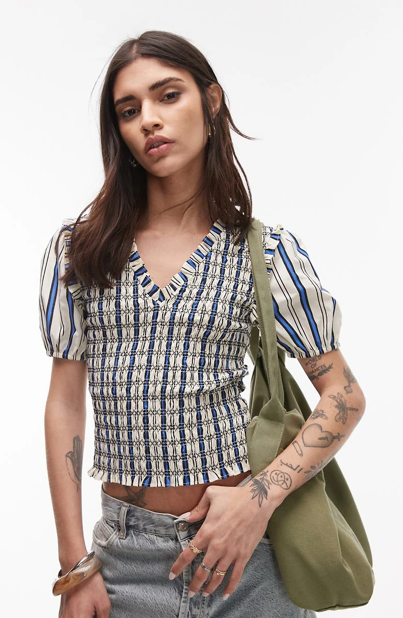 Shirred Puff Sleeve Crop Top