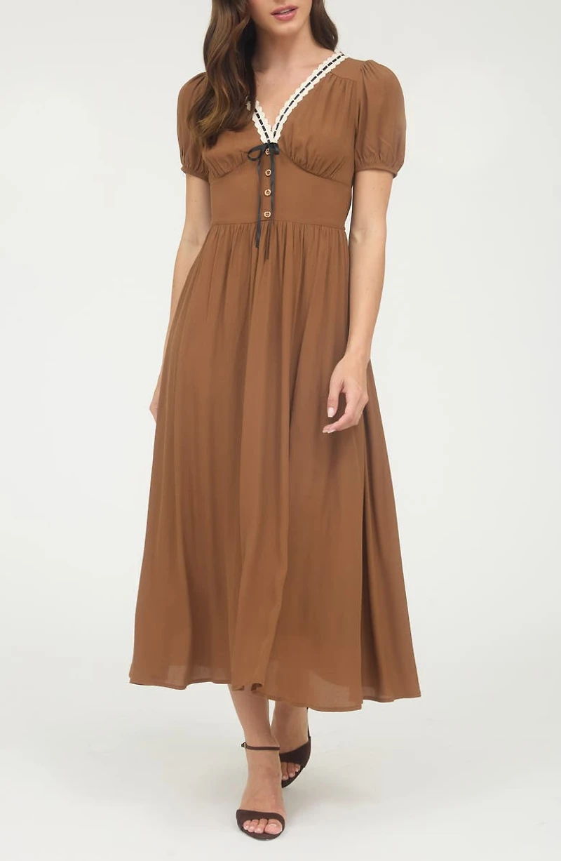 Puff Sleeve A-Line Midi Dress