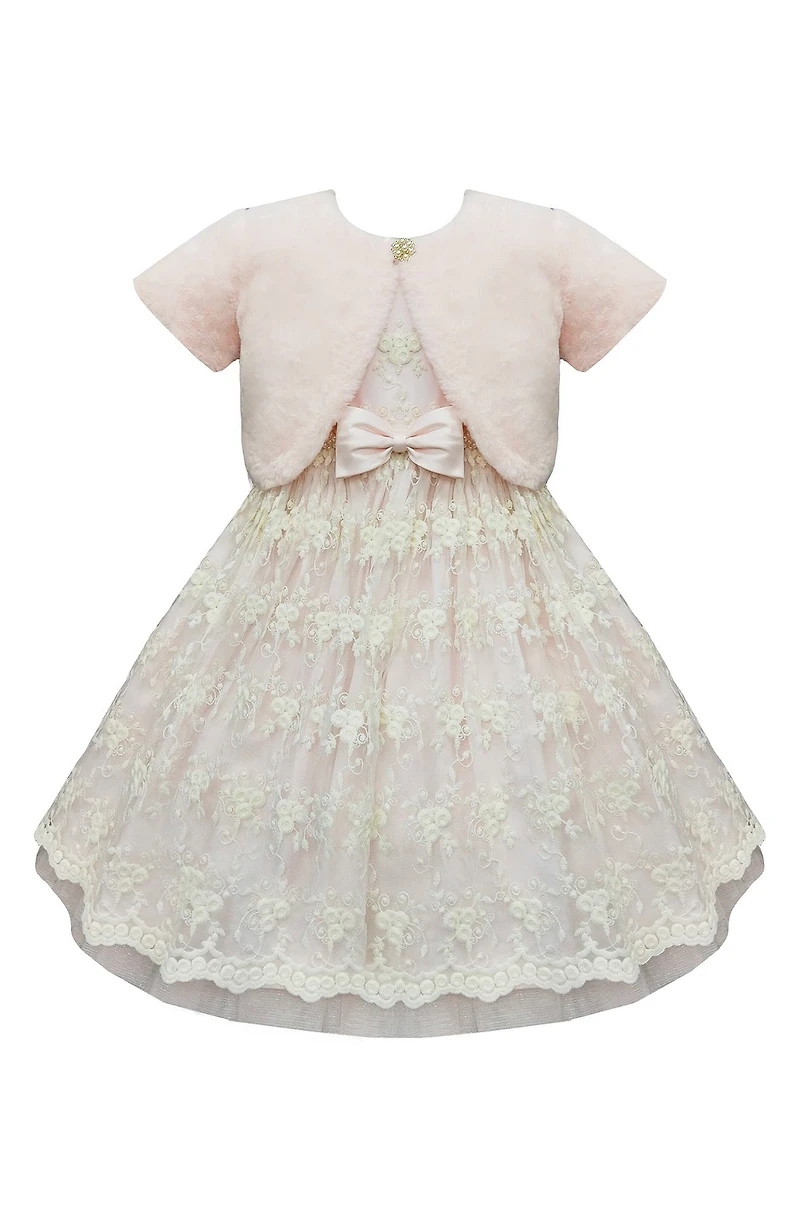 Kids' Flower Embroidered Dress & Faux Fur Bolero Jacket
