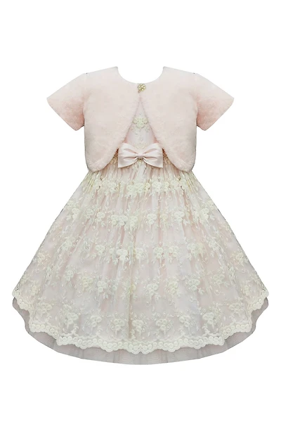 Kids' Flower Embroidered Dress & Faux Fur Bolero Jacket