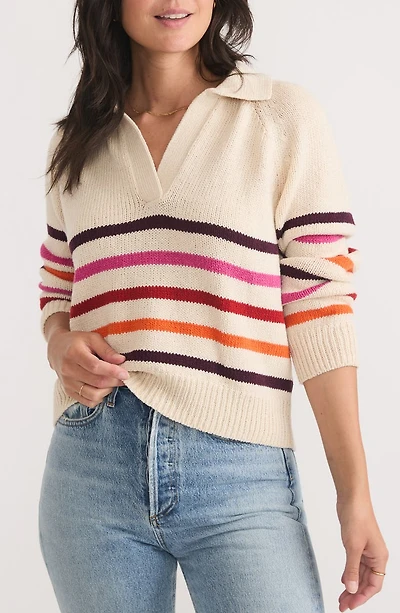 Claire Stripe Wool & Cotton Johnny Collar Polo Sweater