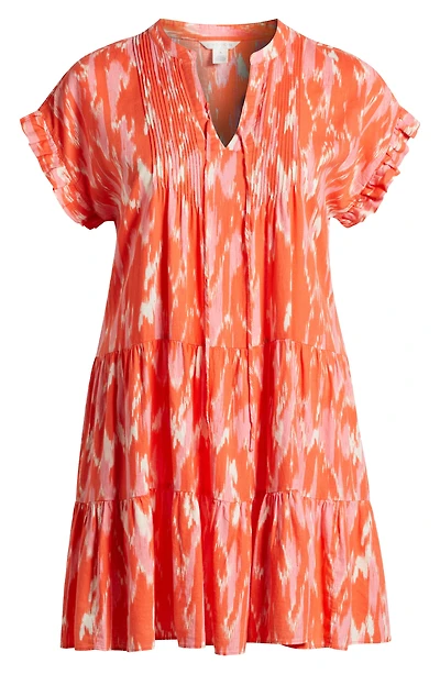 Pintuck Tiered Linen Blend Shift Dress
