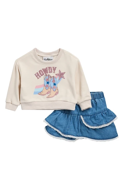 Kids' Western Sweatshirt & Ruffled Denim Skort Set