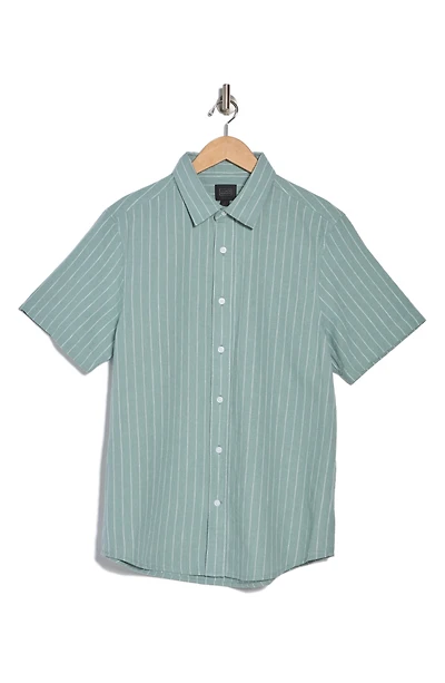Short Sleeve Yarn Dyed Stripe Linen & Cotton Button-Up Shirt