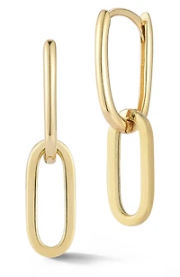 14K Yellow Gold Oval Drop Huggie Hoop Earrings