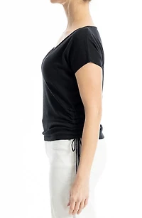 Side Ruched Short Sleeve V-Neck Sweater