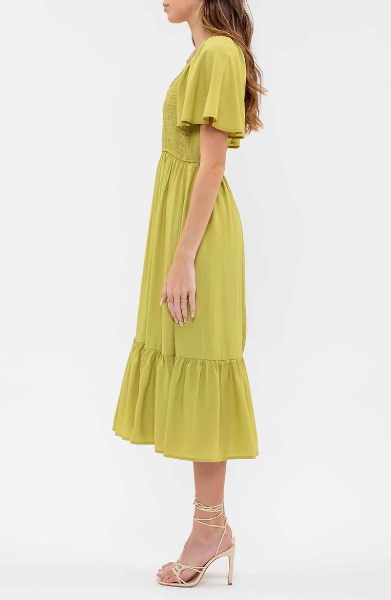 Flutter Sleeve A-Line Midi Dress