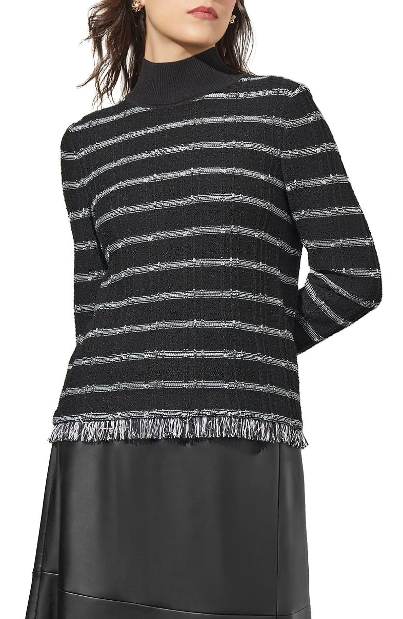 Stripe Fringe Bouclé Rib Sweater