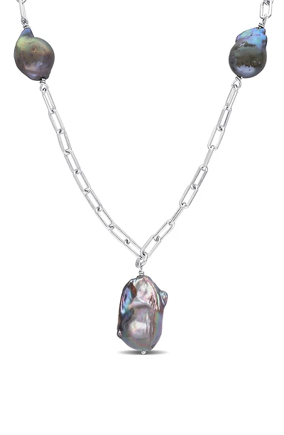 Sterling Silver 13–15mm Grey Cultured Freshwater Pearl Station Necklace