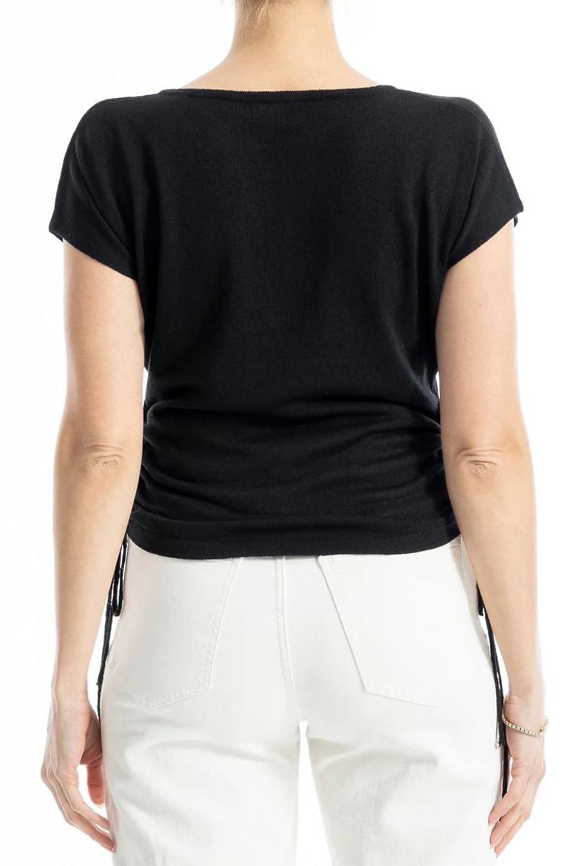 Side Ruched Short Sleeve V-Neck Sweater