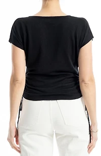 Side Ruched Short Sleeve V-Neck Sweater