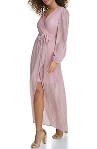 Long Sleeve Foiled Woven Faux Wrap Dress