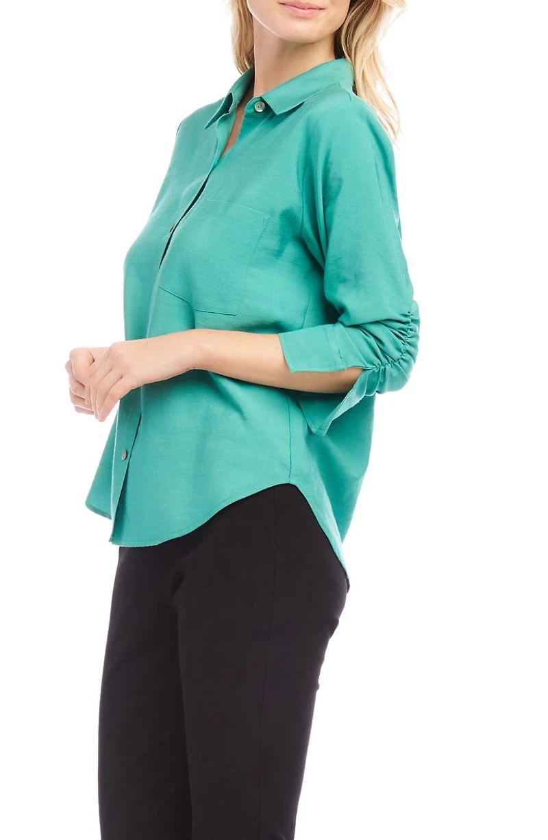 Ruched Sleeve Button-Up Shirt