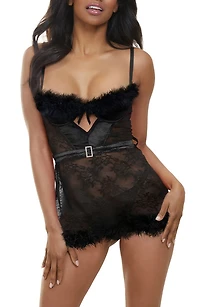 Feather Trim Lace Babydoll & G-String Set