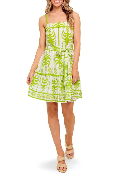 Abstract Frond Belted Linen Minidress