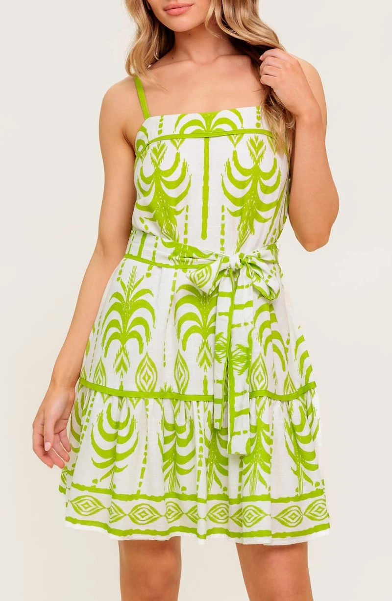 Abstract Frond Belted Linen Minidress