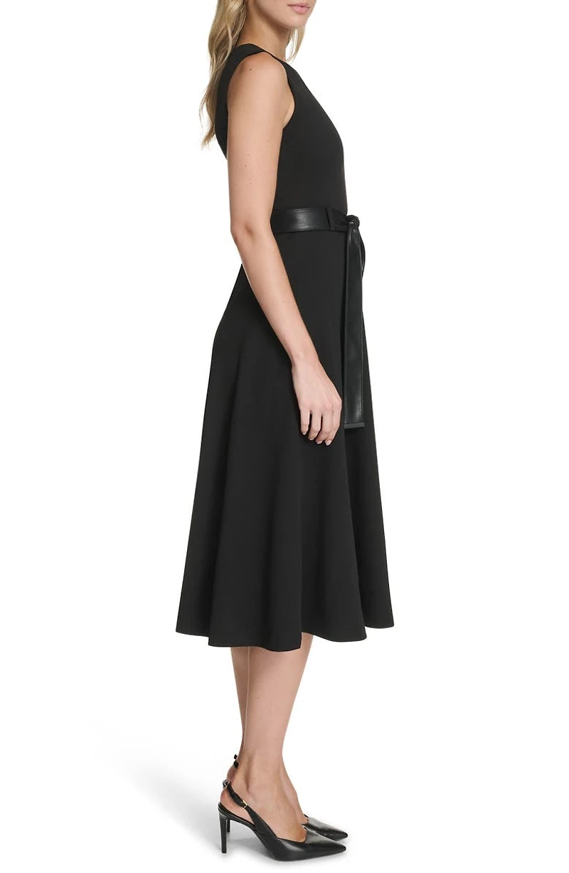 Faux Leather Belt Scuba Crepe Midi A-Line Dress