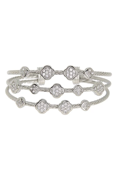 MESHMERISE Stainless Steel Pave CZ Station Twisted Triple Cable Bangle Bracelet
