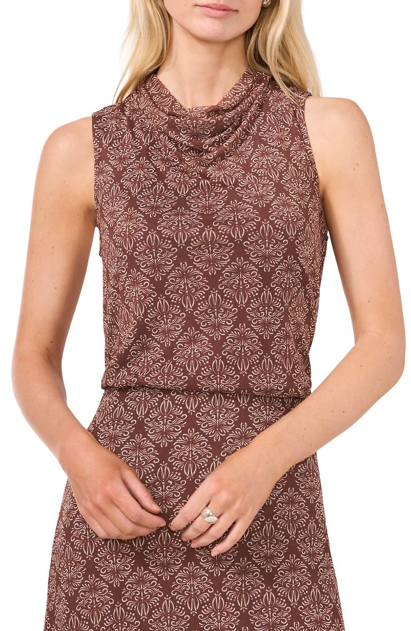 Ditsy Cowl Neck Sleeveless Mesh Top