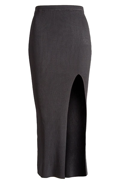 Shine Ribbed Slit Midi Skirt