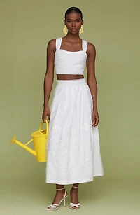 Floral Embroidered Pleated Cotton Midi Skirt